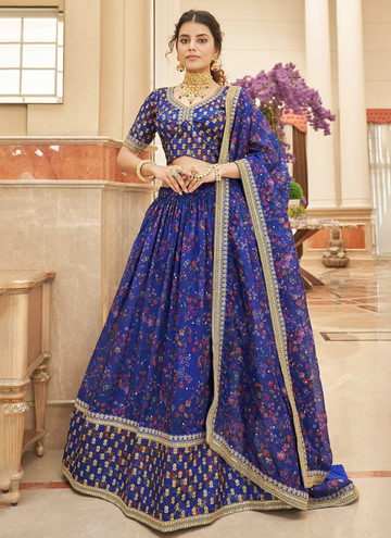 Sequence Work Printed Organza Royal Blue Lehenga Choli